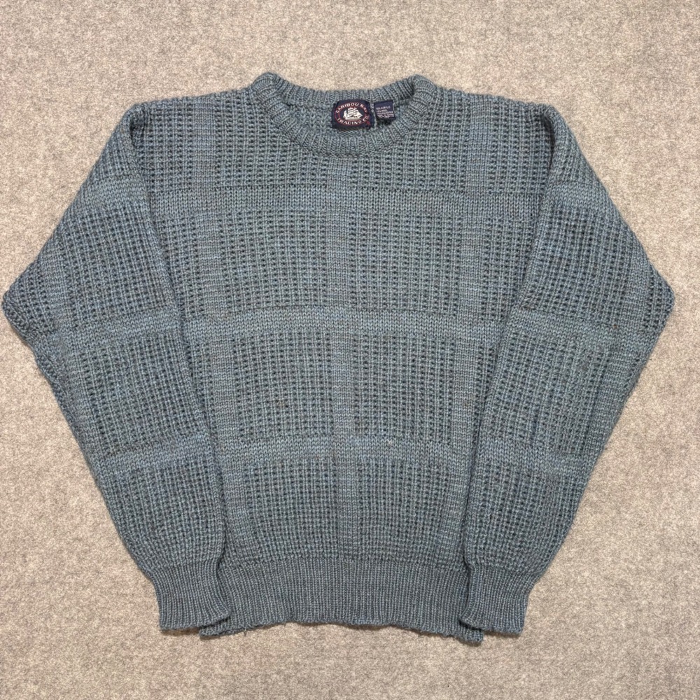 Caribou Bay Trading Co Mens XL Blue Gray Wool Blend Textured Grid Knit Sweater
